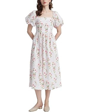 Women's Floral Printed Maxi Dress Short Puff Sleeve Smocked Back Summer Vacation Boho Long Dresse... | Amazon (US)