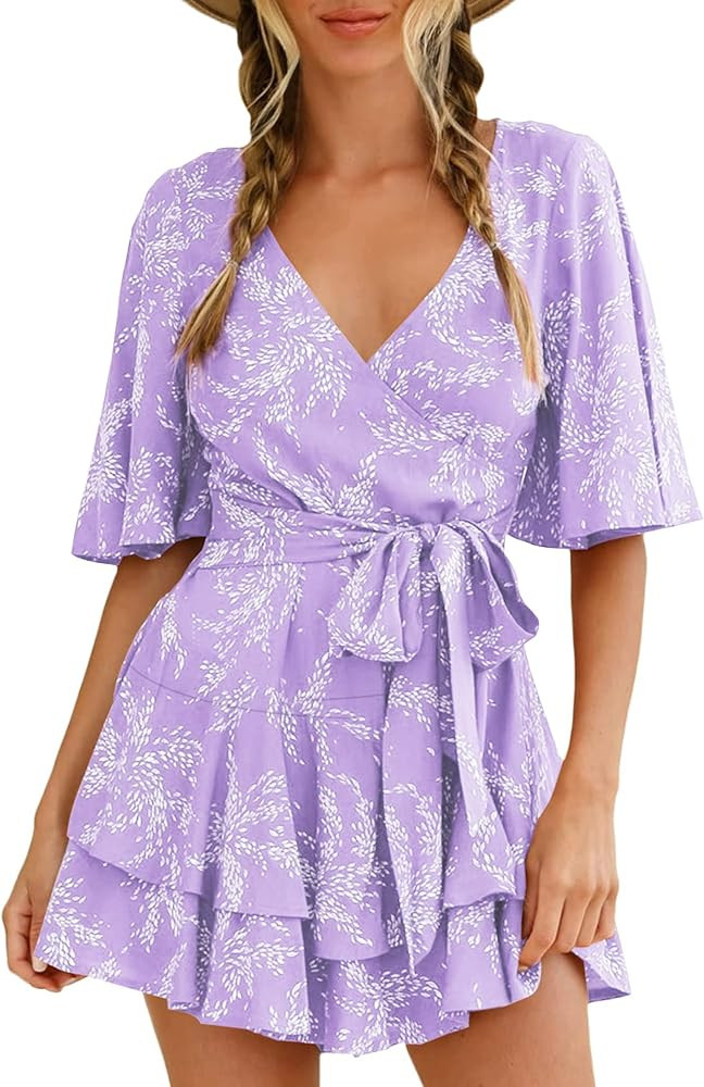 Relipop Women’s Summer Romper Floral V Neck Short Sleeve Waist Tie Ruffle Hem Vacation Outfits ... | Amazon (US)