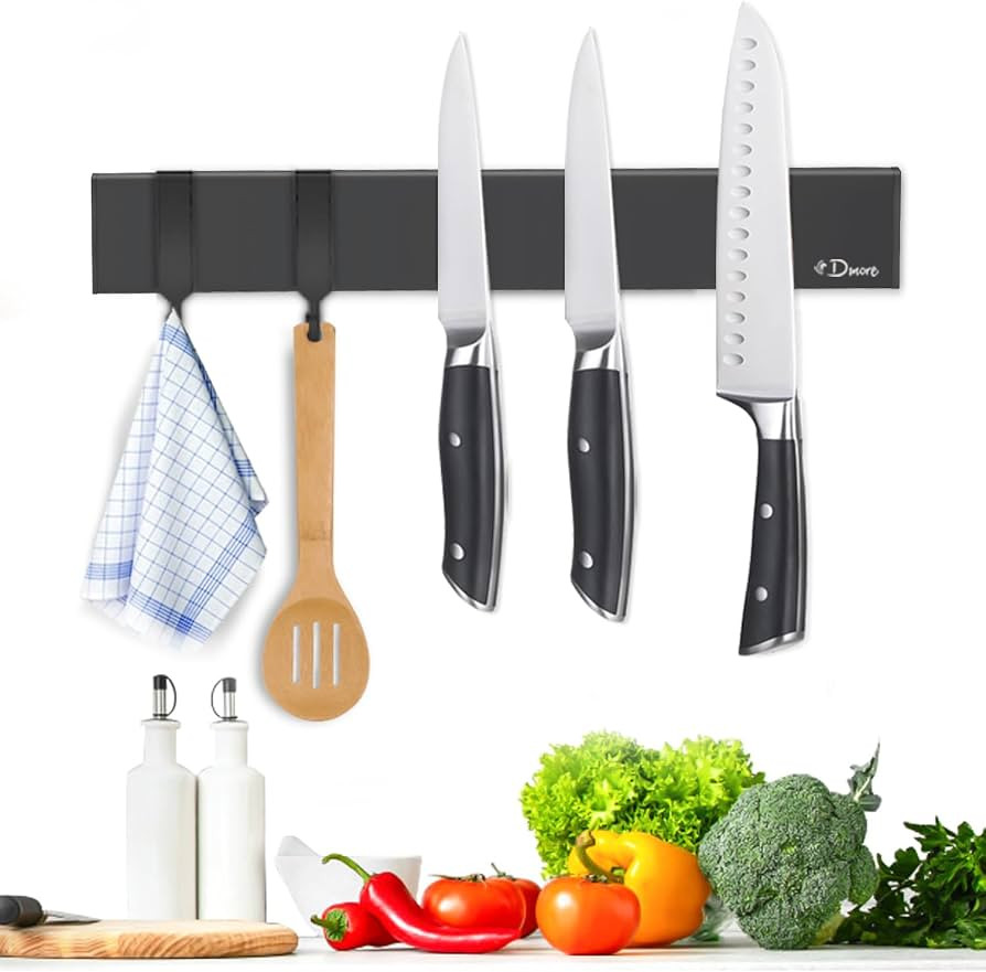 Dmore magnetic knife holder for wall\u2014with 2 hooks, No Drilling 10 Inch black knife magnetic ... | Amazon (US)