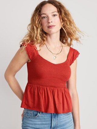 Fitted Smocked Flutter-Sleeve Cutwork Top for Women | Old Navy (US)