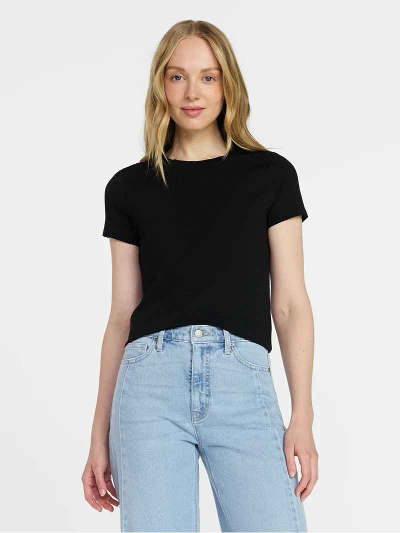 Time and Tru Women's Slim Fit Crewneck Tee with Short Sleeves, Sizes XS-XXXL | Walmart (US)