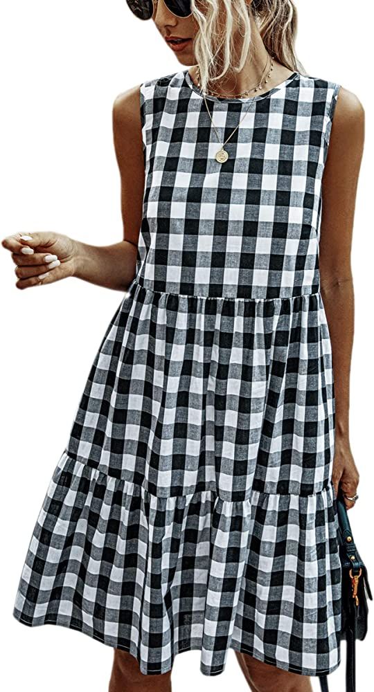 ECOWISH Women Dresses Plaid Sleeveless Summer Casual Sundress A Line Loose Swing T Shirt Mini Dre... | Amazon (US)