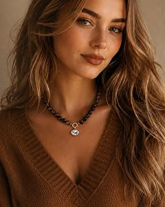 Natural Stone Beaded Necklace for Women 10mm Round Bead Choker with Detachable Crystal Pendant Ad... | Amazon (US)