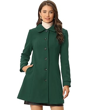 Allegra K Women's Peter Pan Collar Overcoat Single Breasted Pockets Winter Long Coat | Amazon (US)