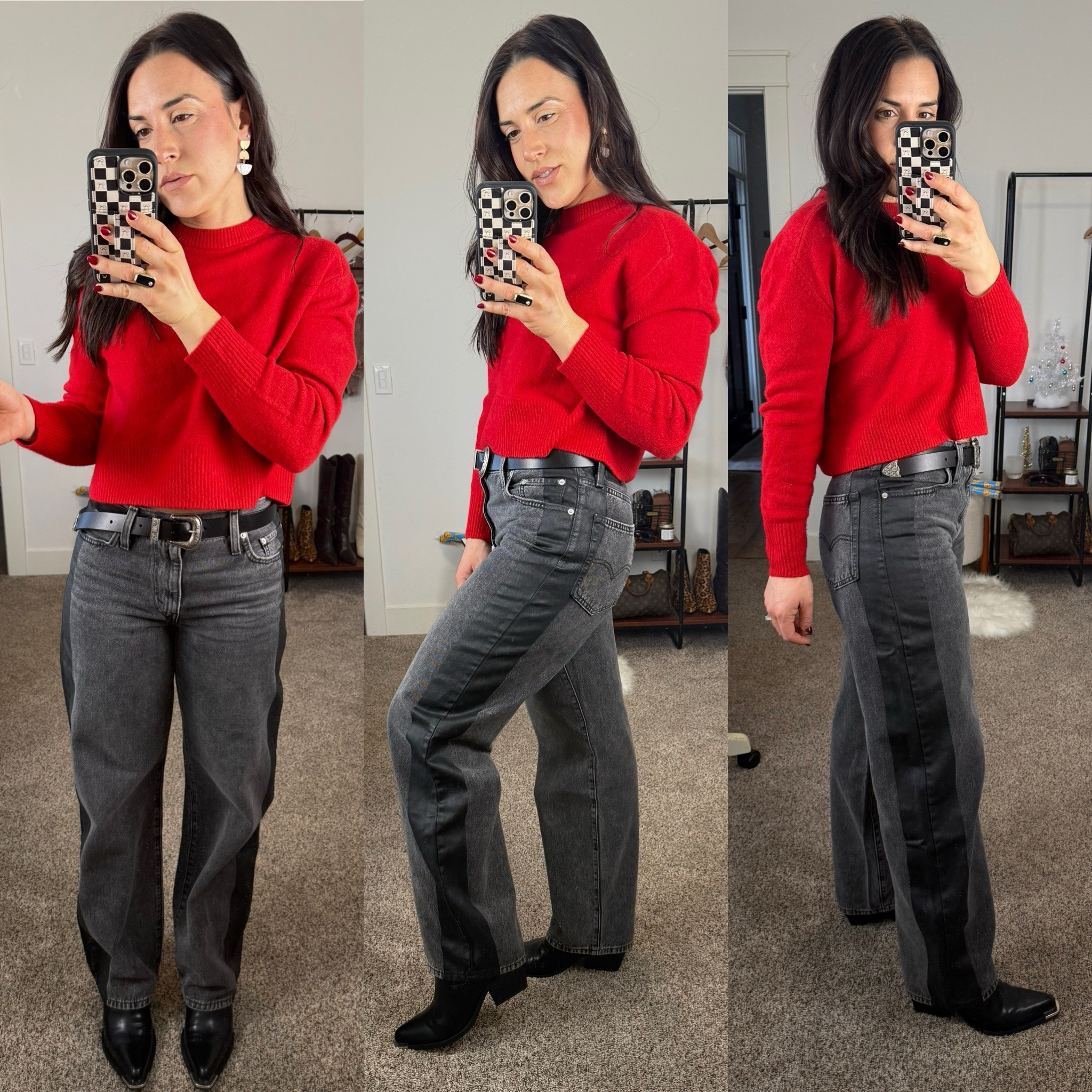 Winter style. 
Red sweat sweater. 
Gray jeans
Western style booties. 
Western belt. 
Sale fines. 
Affordable fashion. 
Winter Classics. 
Levi jeans. 
Target style.

#LTKHoliday #LTKFindsUnder100 #LTKSaleAlert