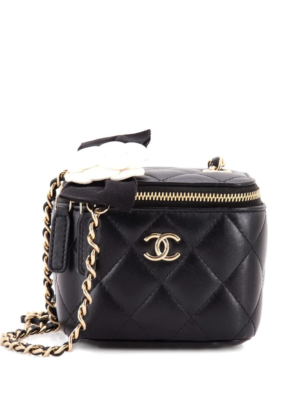 CHANEL Pre-Owned Camellia Bow Vanity Case with Chain Quilted Lambskin Mini crossbody bag - Black | Farfetch Global