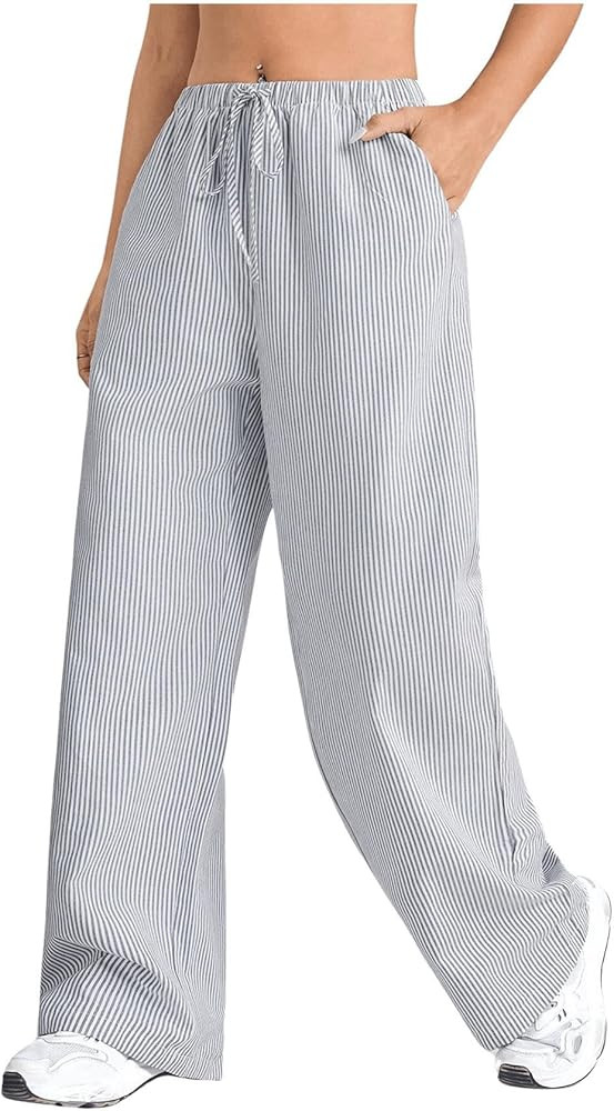 Verdusa Women's Drawstring Waist Striped Loose Lounge Pants Straight Leg Pants with Pocket | Amazon (US)