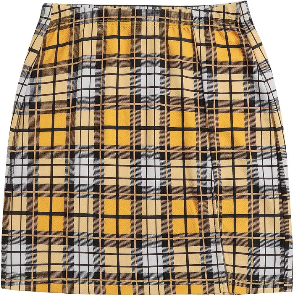 SheIn Women's Plus Split Hem Tartan Plaid Above Knee Bodycon Skinny Mini Skirt | Amazon (US)