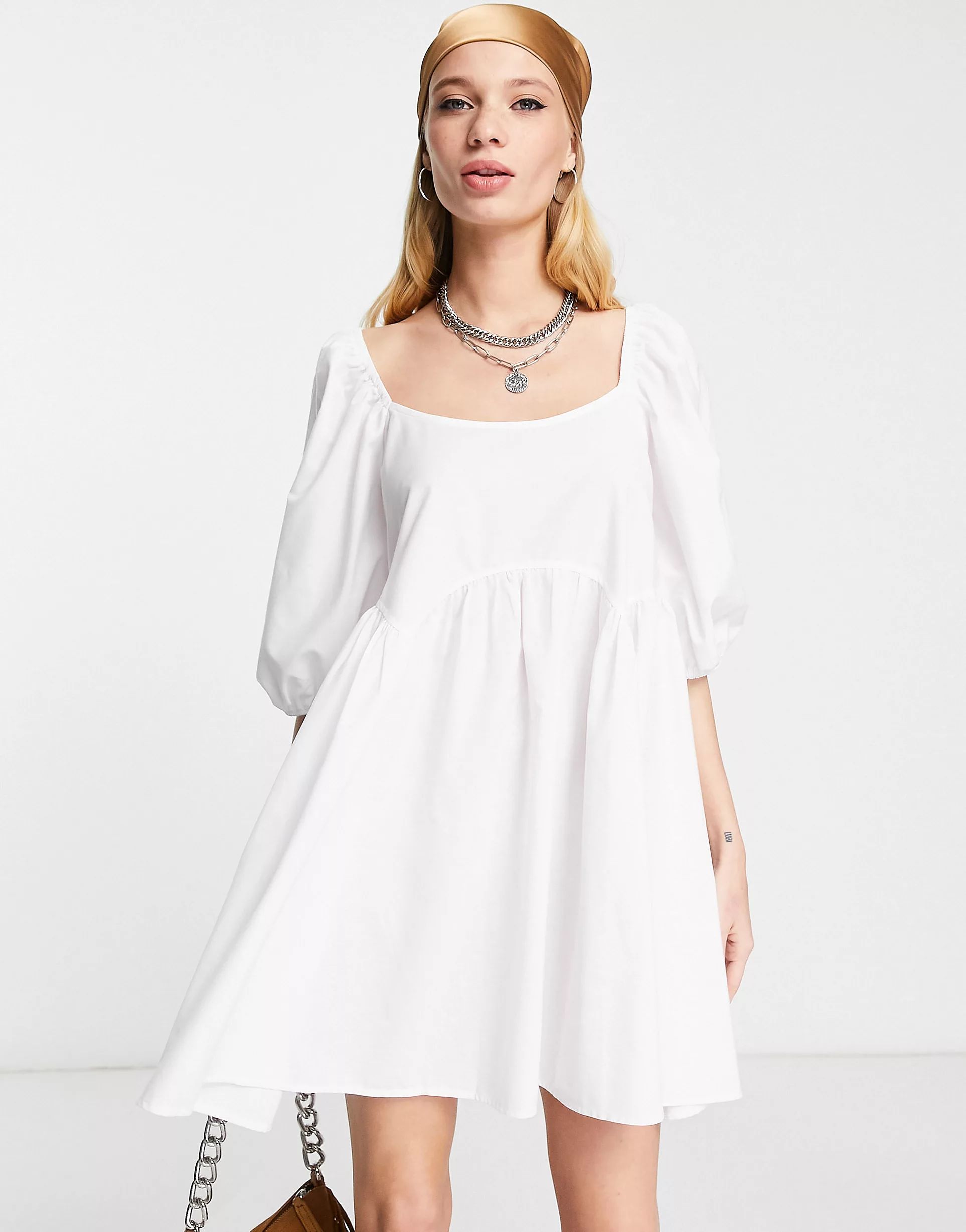 ASOS DESIGN cotton jumbo scallop puff sleeve smock dress in white | ASOS (Global)