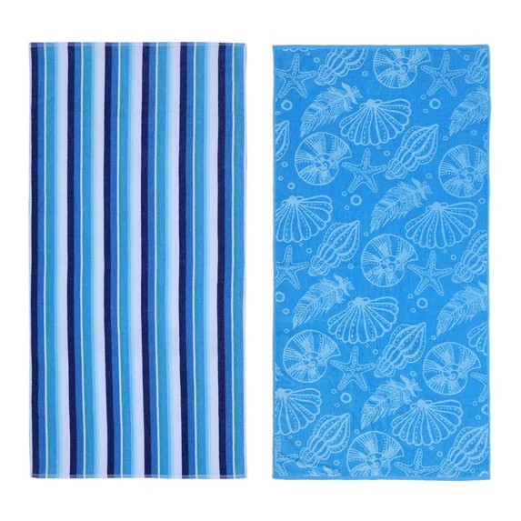 Mainstays 2pk Cotton Beach Towel, 58 x 28 in, Blue Shells & Stripes | Walmart (US)