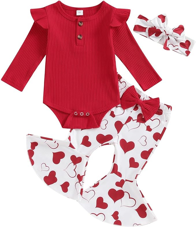 Kuriozud Newborn Baby Girl Bell Bottom Outfit Ruffle Romper Cute Bow Flare Pants Set Headband Cut... | Amazon (US)