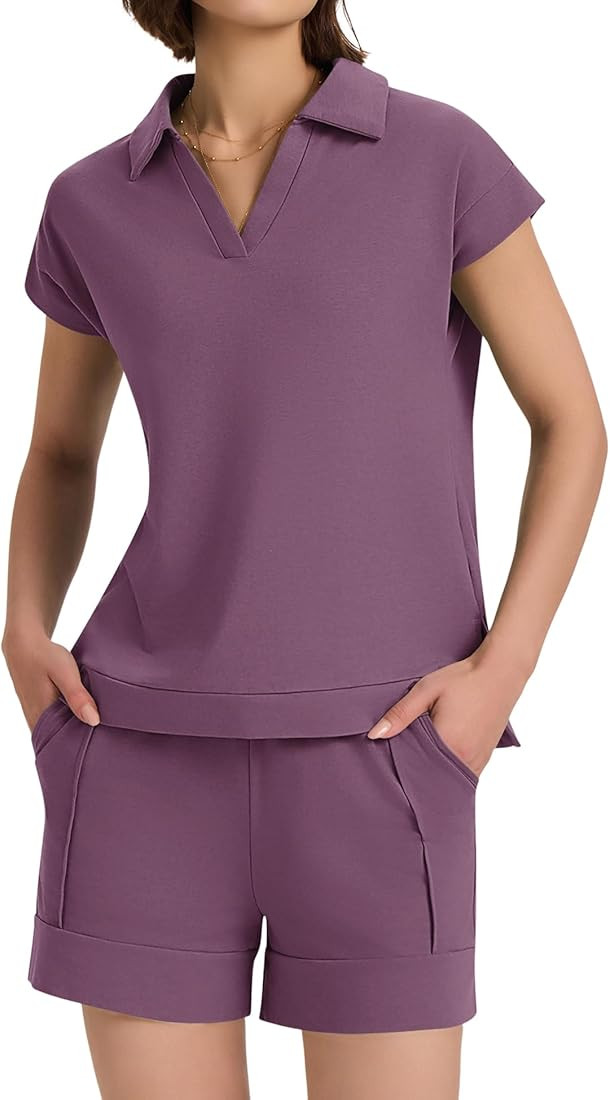 Micoson Womens Two Piece Sets Summer Lounge Sets V Neck Short Sets Drawstring Shorts Sweat Suit C... | Amazon (US)