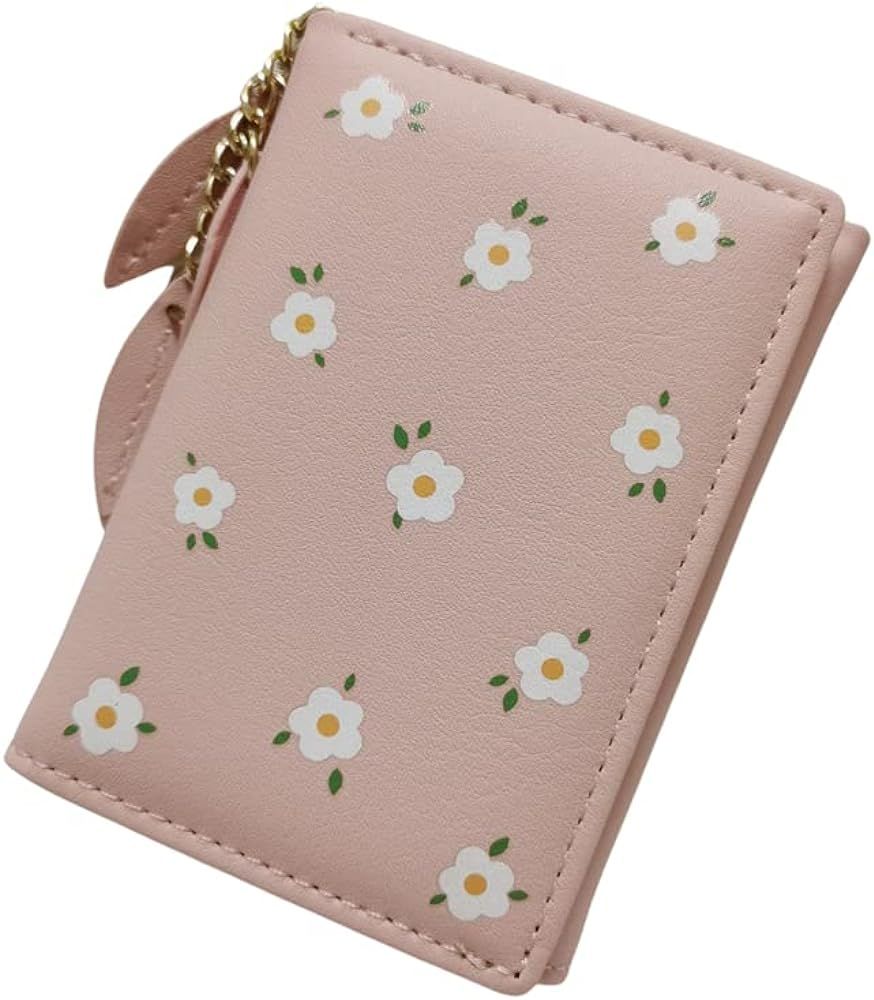 Wolyepor Cartoon Flower Leaf Pendant Wallet Women Cute Zipper Buckle Card Purse (Pink) | Amazon (US)