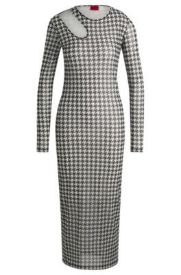Houndstooth mesh midi dress with cut-out neckline- Patterned Women's Jersey Dresses size XS | Hugo Boss (US)