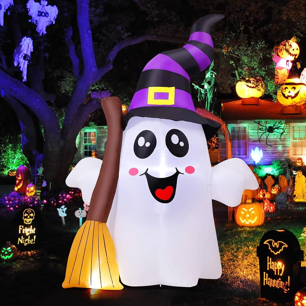 GOOSH 6.2 FT Halloween Inflatables Ghost Outdoor Decorations Blow Up Yard Cute Ghost Holding Broo... | Amazon (US)