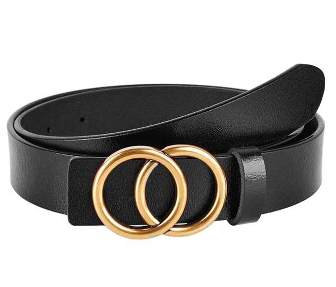 Women's Leather Skinny Belts for Dress Jeans Vintage Belts with Double O-Ring Gold Buckle | Amazon (US)