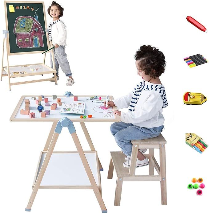 QZMTOY Kids Art Easel, Deluxe Standing Easel Set, Adjustable Art Table, Magnetic Dry Erase Board&... | Amazon (US)