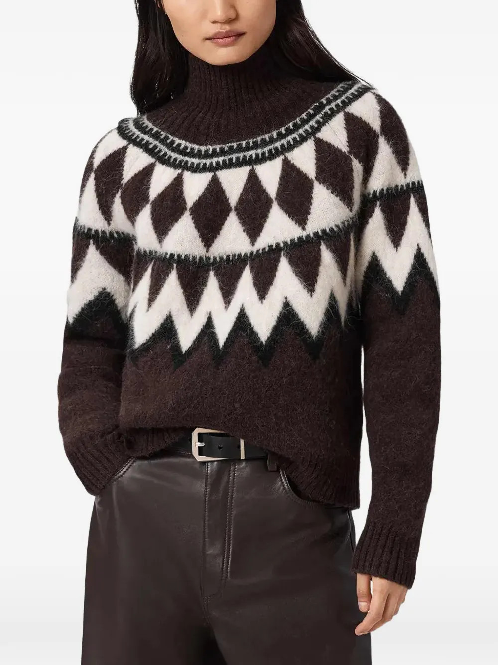 AllSaints Tara diamond-pattern roll-neck Sweater | Brown | FARFETCH UK | Farfetch Global