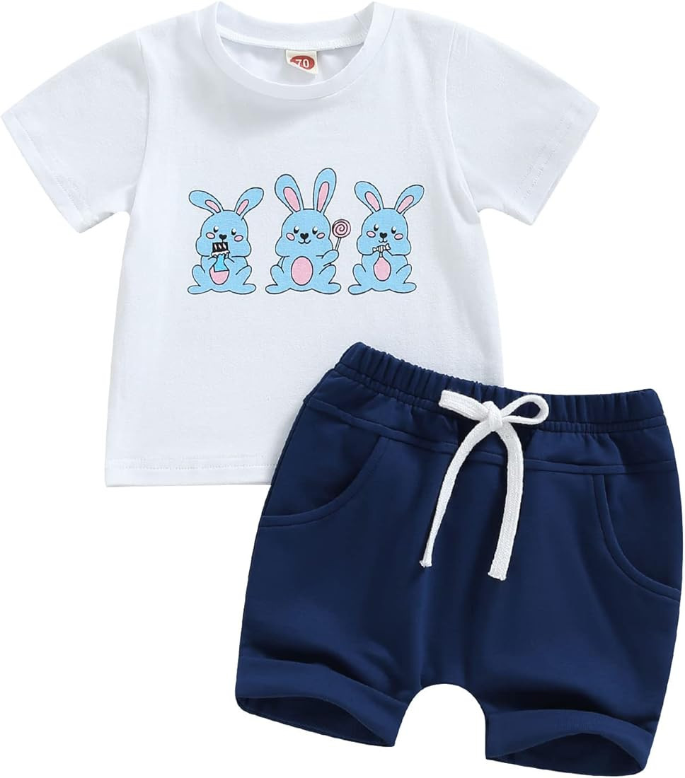 2PCS Baby Boy Easter Outfit Bunny Letter Print Short Sleeve T-Shirt Top Solid Color Shorts Set Ba... | Amazon (US)