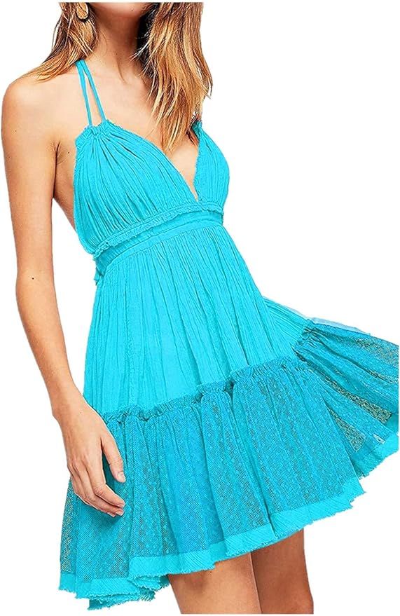 ForeMode Summer Deep V Neck Bohemian Women Mini Short Dress Backless Beach Boho Dress… | Amazon (US)
