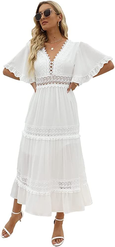 Women's White Backless Deep V Neck Short Sleeve Bohemian Casual Maxi Long Dress | Amazon (US)