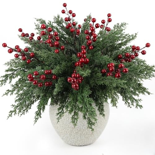 24Pcs/168Pcs Christmas Artificial Pine Branches with Red Berry Stems, 18‘’ Faux Evergreen Christmas Tree Picks, Cedar Cypress Leaves Stems for Xmas Decorations Indoor DIY Craft Garland Home Decor | Amazon (US)