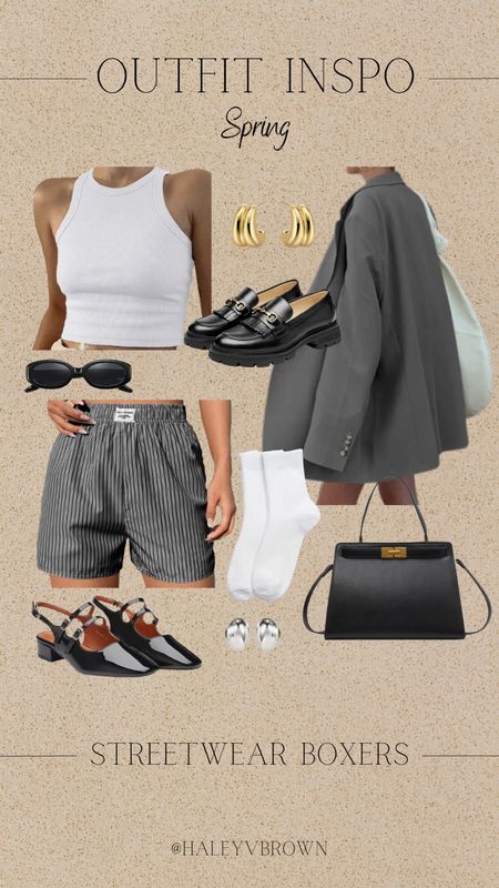 Spring outfit, spring essentials, spring 2024 outfit, white cropped tank top, oversized blazer, women’s boxer shorts, black handbag, spring handbag, loafer slacks, ballet flats, chunky silver earrings, loafers, oval sunglasses, chunky gold earrings, lunch date outfit, shopping outfit

#LTKshoecrush #LTKstyletip #LTKSeasonal