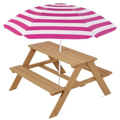 Best Choice Products Kids Wooden Picnic Table, Outdoor Activity Table w/ Adjustable Umbrella, Seats - Natural/Dark Pink | Target