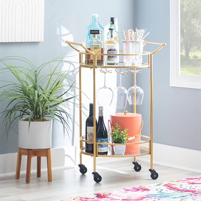 Linon Mayer Round Gold Metal Bar Cart, Gold Finish | Ashley Homestore