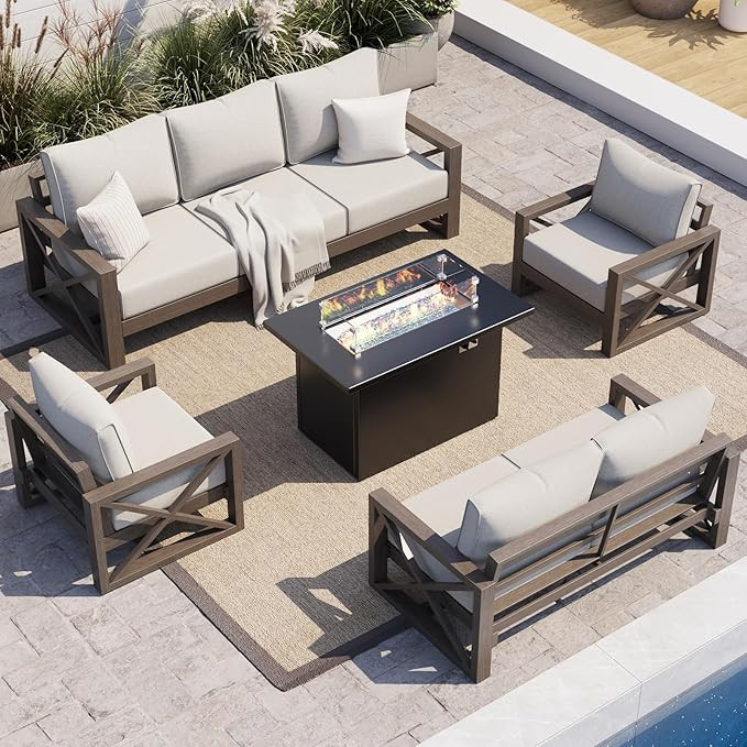 UDPATIO Aluminum Patio Furniture Set with Fire Pit Table, Faux Wood Patio Conversation Set with 6... | Amazon (US)