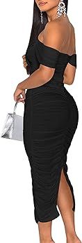 HOCILLE Women's Sexy Ruched Bodycon Strapless Off Shoulder Midi Club Party Tube Dresses | Amazon (US)