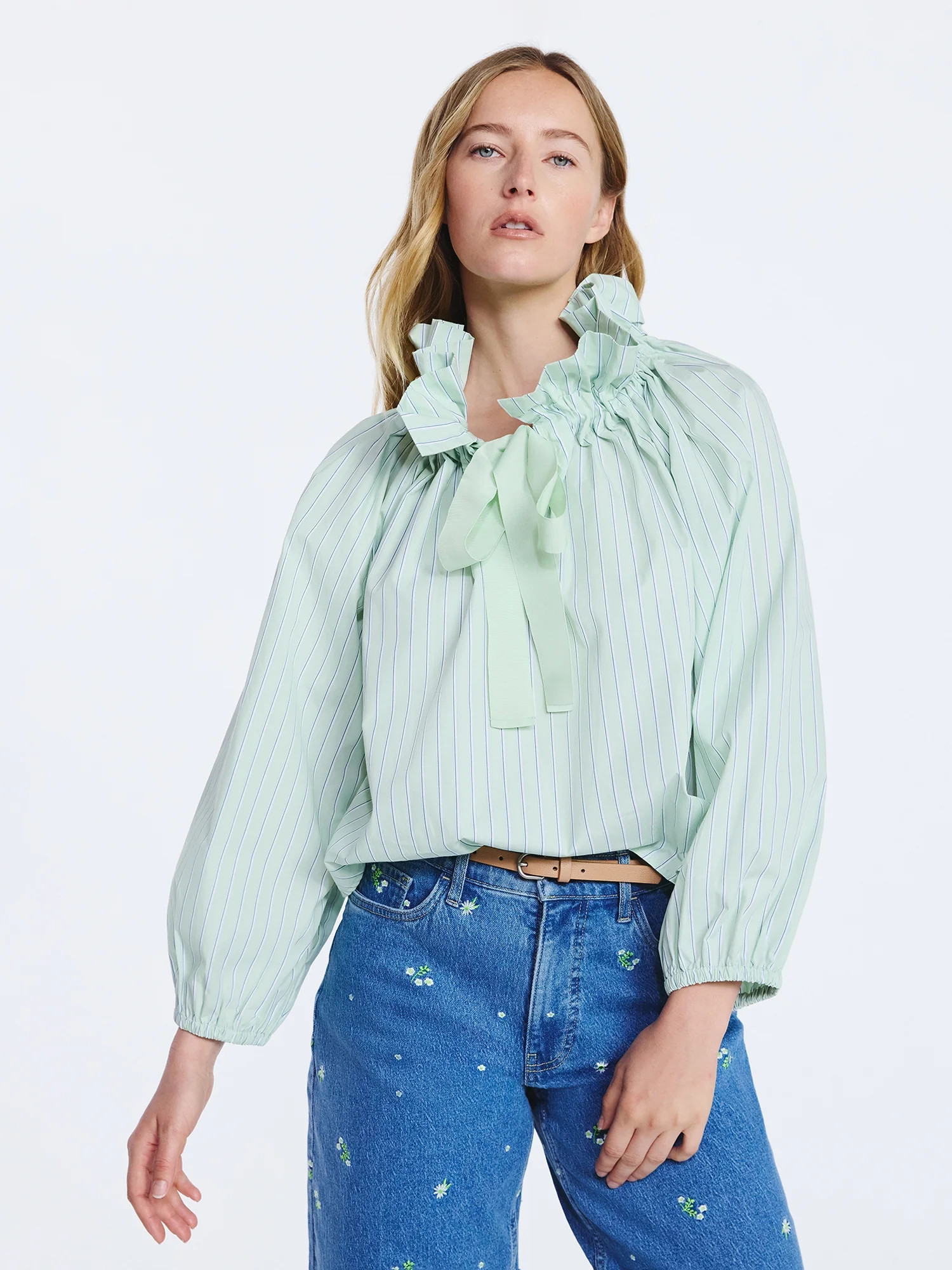 Free Assembly Women's Ruffle Tie Neck Cotton Top with Long Puff Sleeves, Sizes XS-XXL | Walmart (US)