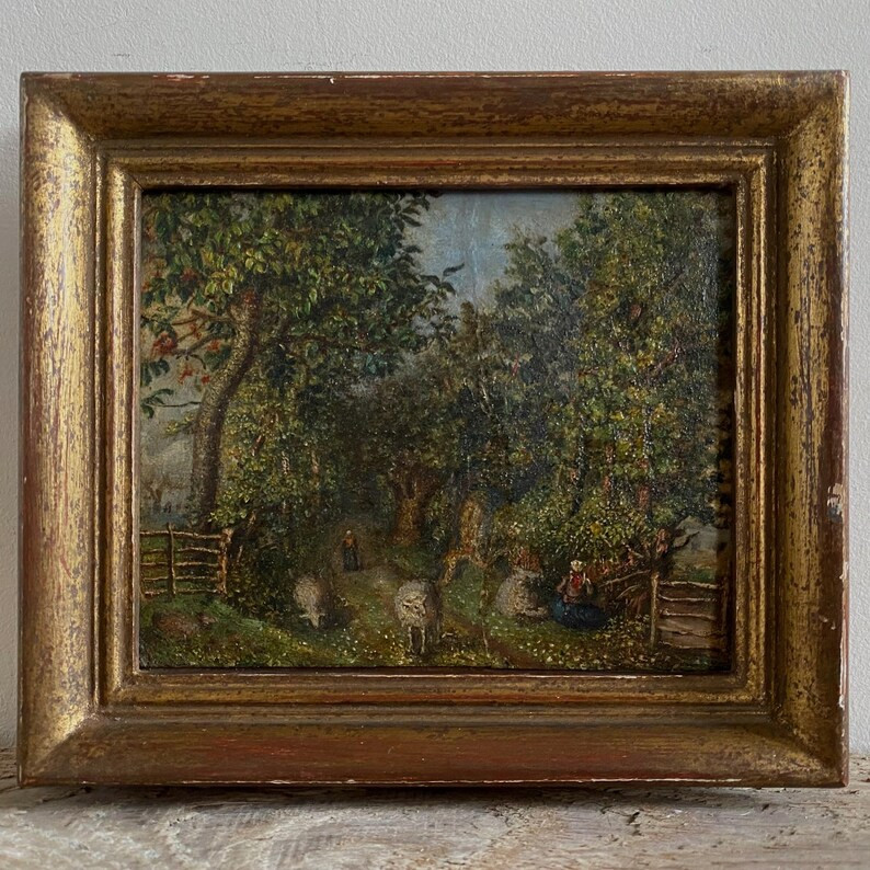 Small Antique French Shepherdess Oil Painting, Antique Sheep Oil Painting, Antique Orchard Painti... | Etsy (US)