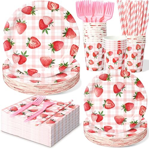 144 Pcs Strawberry Plates and Napkins Tableware Set, Plates Napkins Cups Straws and Forks Sets, Strawberry Party Birthday Supplies, Shortcake Birthday Decorations, Serves 24 Guests | Amazon (US)