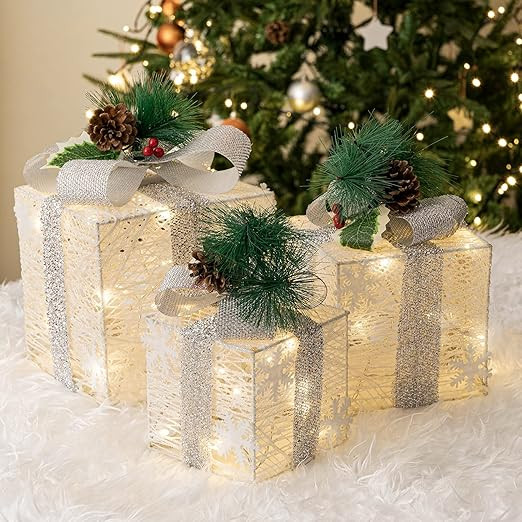 GMFINE Set of 3 Christmas Lighted Gift Boxes with Bows for Indoor Outdoor Christmas Tree Decorati... | Amazon (US)