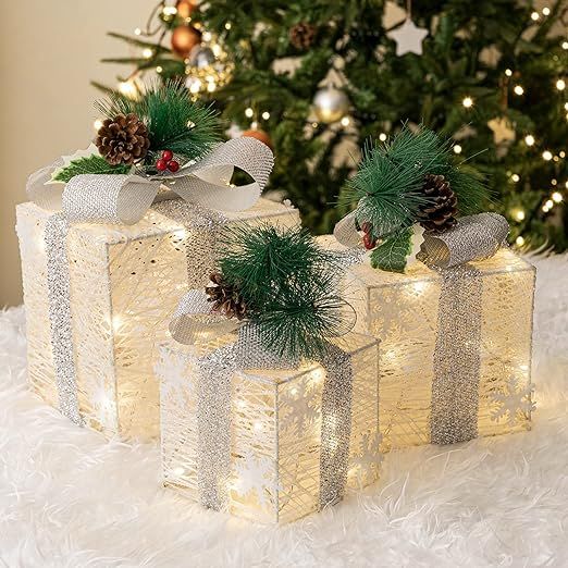 GMFINE Set of 3 Christmas Lighted Gift Boxes with Bows for Indoor Outdoor Christmas Tree Decorati... | Amazon (US)