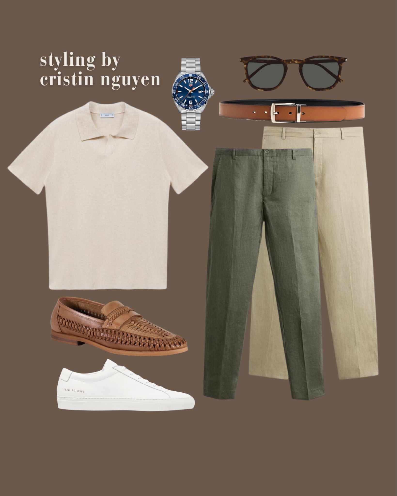 Effortless casual yet stylish summer look for men. You can never go wrong with neutrals! Cream knit polo, neutral toned linen pants, tan leather belt, sunnies, timeless watch, and either woven summer loafers or white go-to Common Project. 

#LTKSeasonal #LTKMens #LTKStyleTip