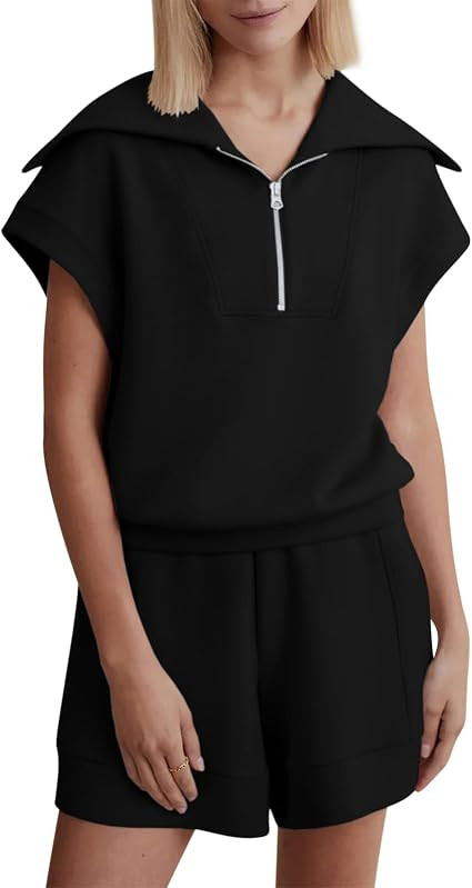 Zwurew 2 Piece Outfits for Women Half Zip Up Short Sets Cap Sleeve Sweat Suits S-2XL | Amazon (US)