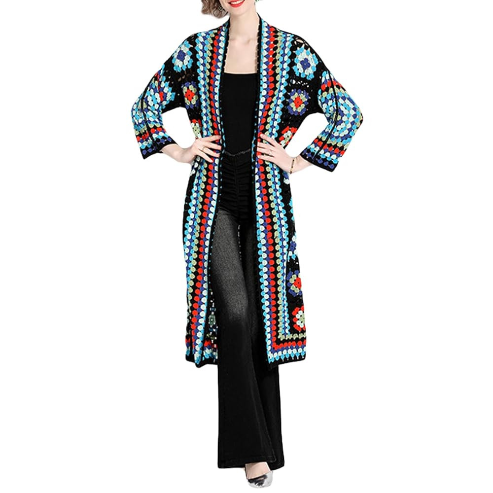 Women Vintage Crochet Granny Square Cardigan Jumper Long Sleeve Open Front Floral Knit Sweater Kn... | Amazon (US)