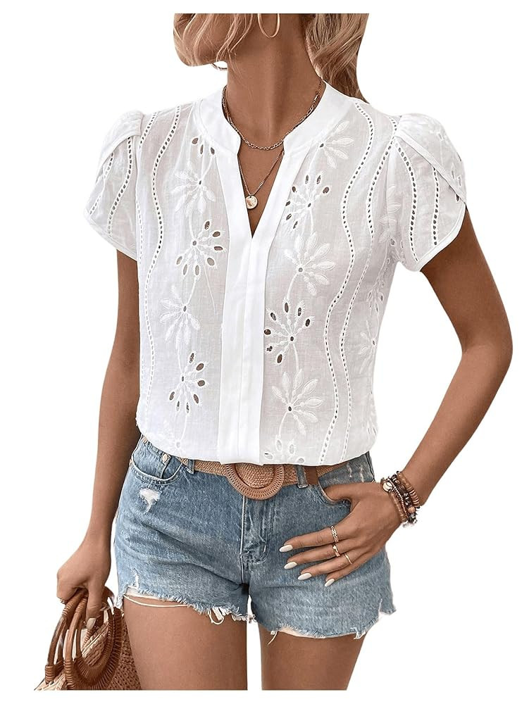 SweatyRocks Women's Puff Sleeve Tops V Neck Embroidery Eyelet Blouse Shirts | Amazon (US)