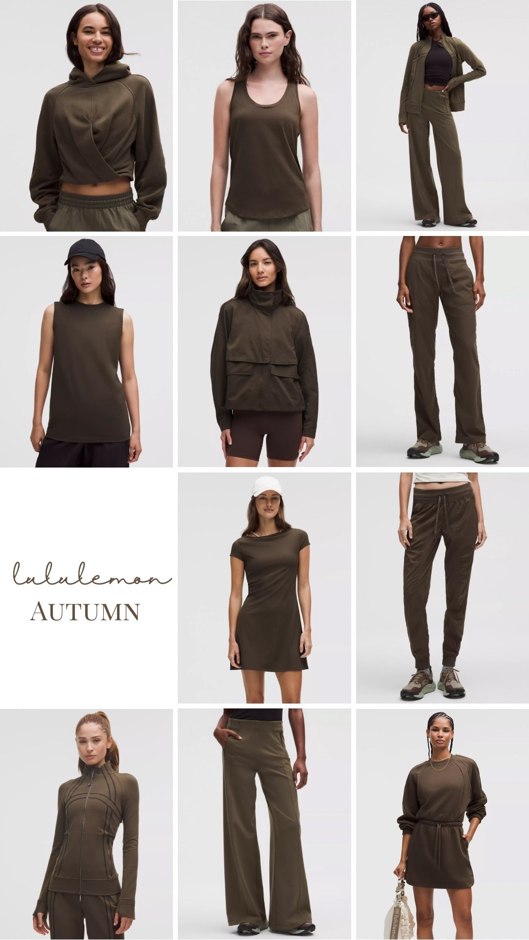 Olive brown at Lululemon for autumns, dark autumn, soft autumn, true autumn, hocautumn, house of colour autumn, color analysis, activewear, midsize, define jacket, love tank top, scuba hoodie, scuba cropped wrap pullover, organic cotton tee, green utility jacket, windbreaker, rain jacket, mid rise jogger, cargo pants. Dress, active dress, dark brown, olive green, sweater dress, cinched waist dress, wide leg pants, matching set, travel day, travel set, mom style

#LTKOver40 #LTKMidsize #LTKActive