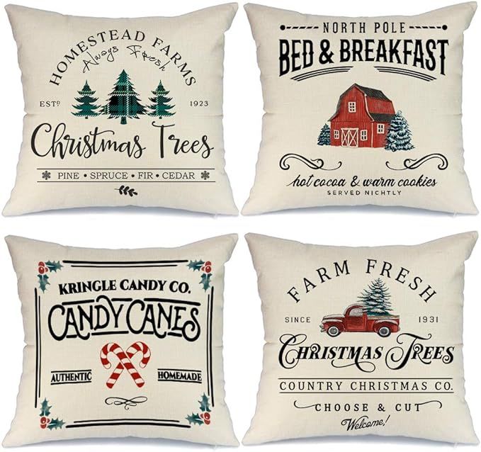 AENEY Christmas Pillow Covers 18x18 Set of 4, Farm Fresh Tree Red Truck Rustic Winter Holiday Thr... | Amazon (US)