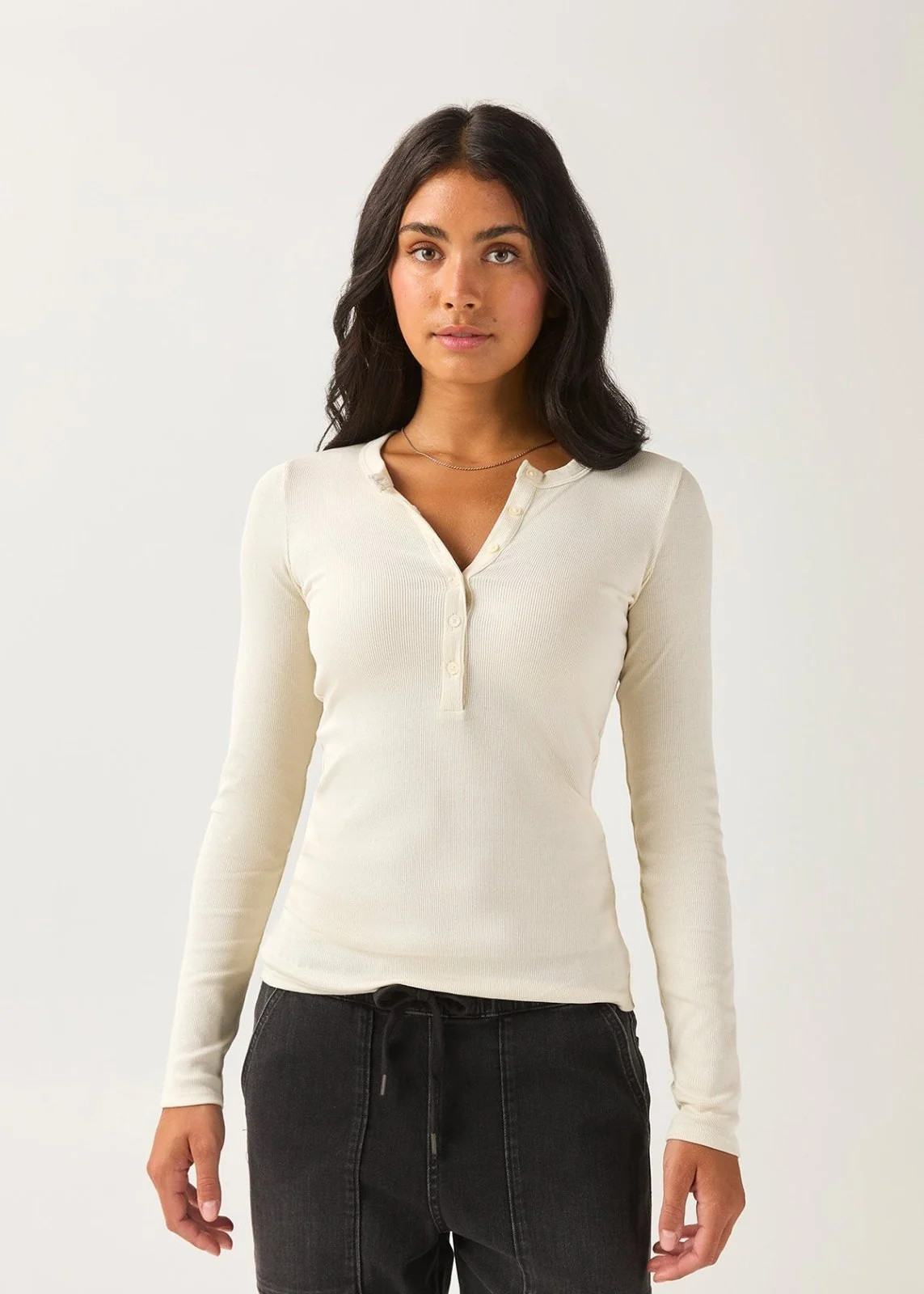 Ribbed Pima Long Sleeve Henley - Ecru S | DUER