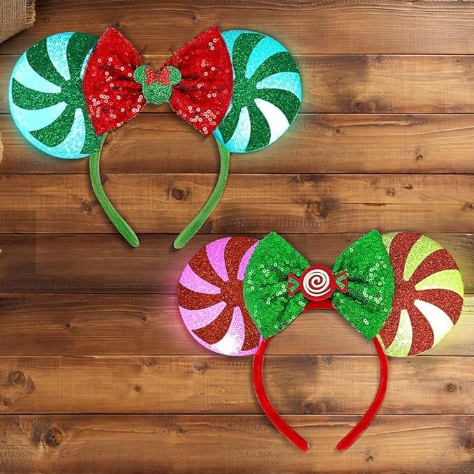 Tarocynn 2 PCS Christmas Mouse Ears Headbands with LED Light Christmas Sequin Candy Reindeer Head... | Amazon (US)