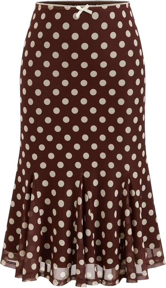 CIDER Womens Polka Dot Midi Skirt Vintage Bowknot Sheer Mesh Ruffle Hem Retro Fashion Going Out C... | Amazon (US)