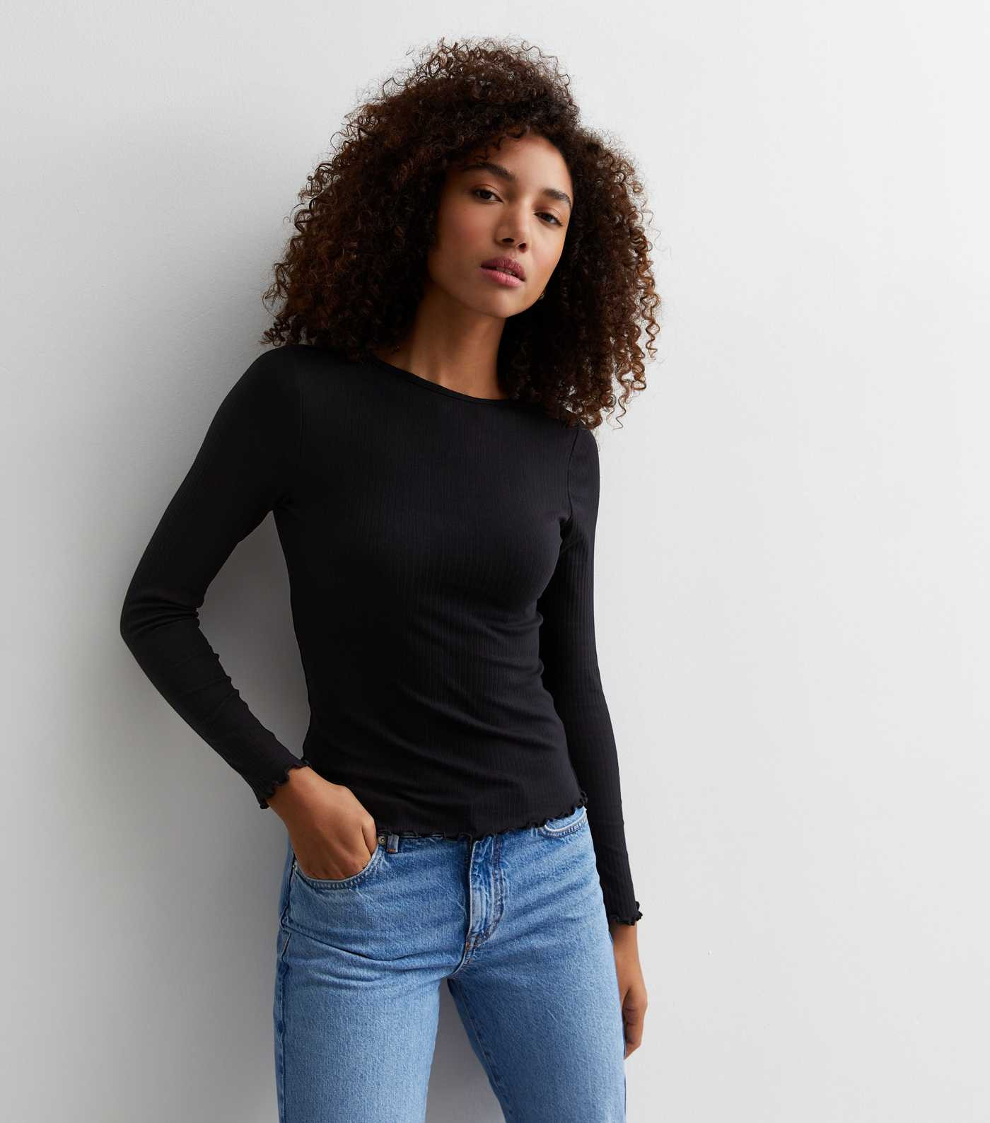 Black Ribbed Frill Long Sleeve Top | New Look | New Look (UK)