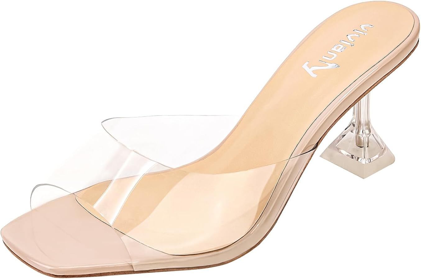 vivianly Womens Clear Heels Sandals Transparent Stiletto Heel Slippers Backless Peep Toe Slip on ... | Amazon (US)
