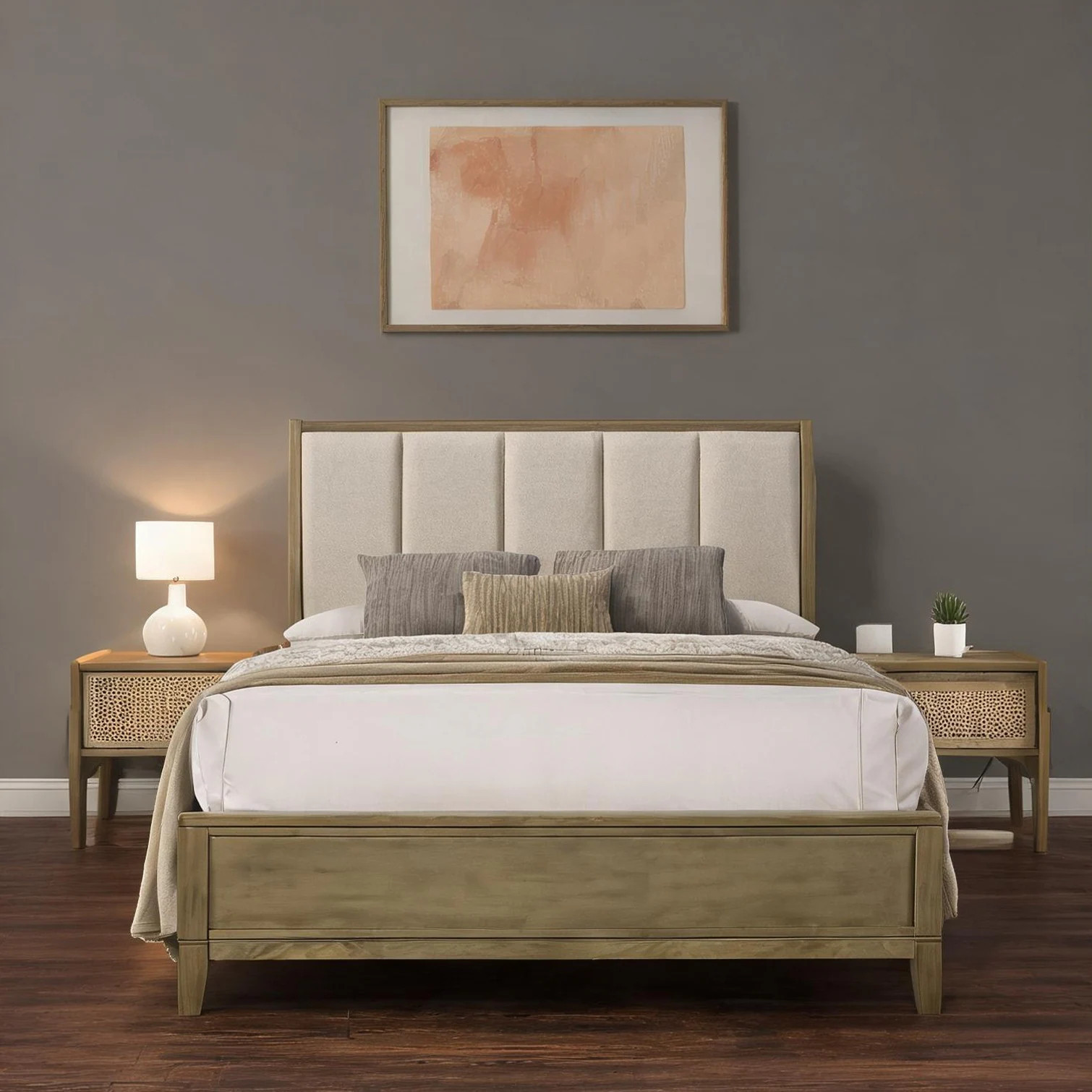 SunJet Queen Panel Bed with Upholstered Headboard Natural-Toned Pine Beige Fabric one_size | KTD9JV3XLA1D | Lowe's