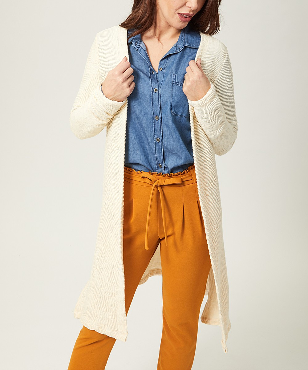 Secret Story Women's Open Cardigans Cream - Cream Textured Side-Slit Cardigan - Women | Zulily