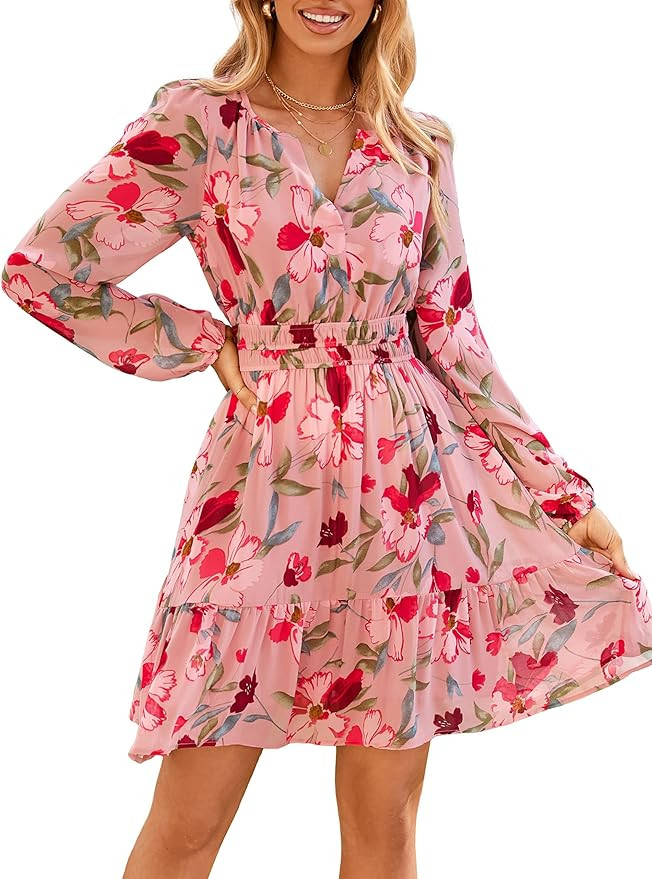 Simplee Womens Spring Floral Mini Dress Long Sleeve Boho Chiffon Short Dress Casual Flowy Fall We... | Amazon (US)